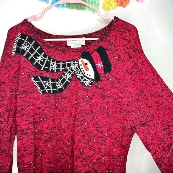 Vintage Mandal Bay Embellished Winter Snowman Pearl Marled Red Sweater Size XXL - Picture 4 of 11